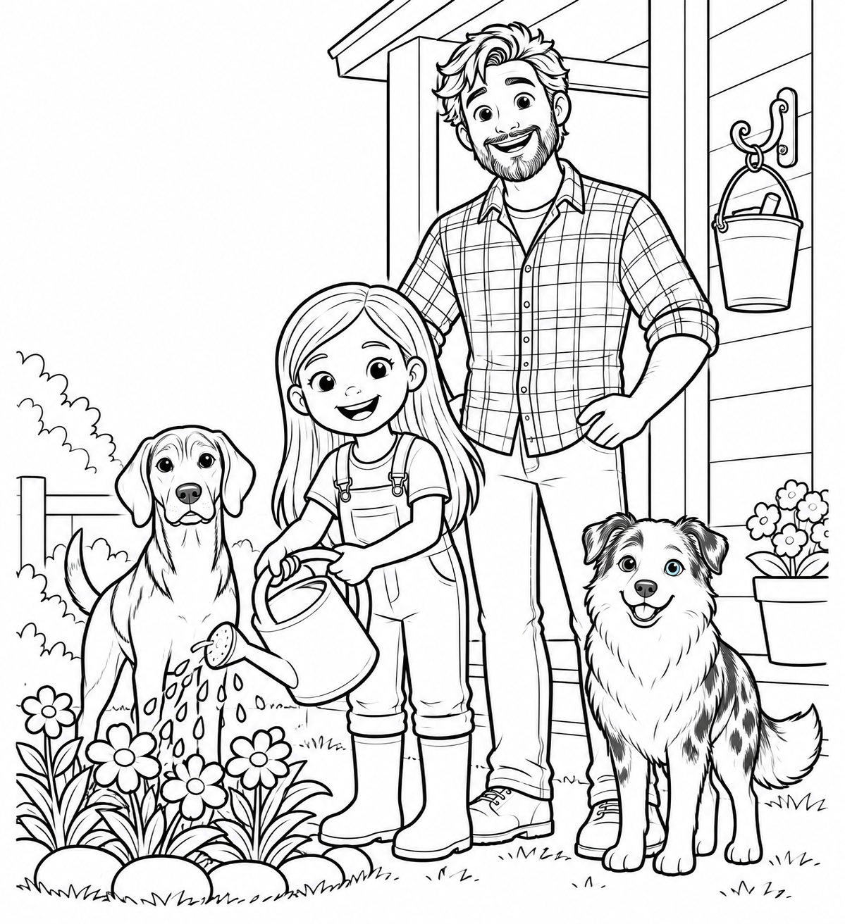 Lily, Happy and Dolly on the printable pink bucket coloring page