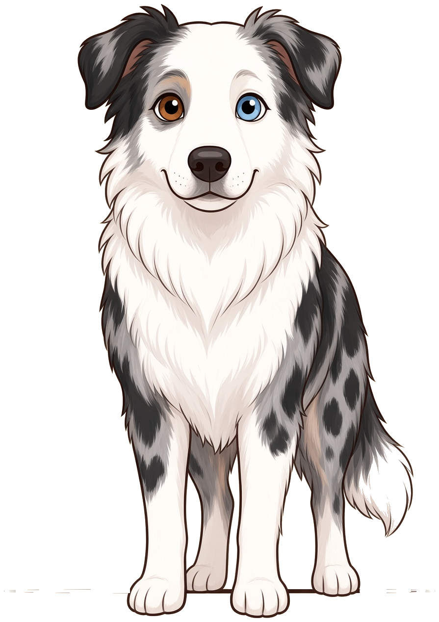 Dolly, a cartoon border collie with a white face, gray merle markings, one brown eye and one blue eye
