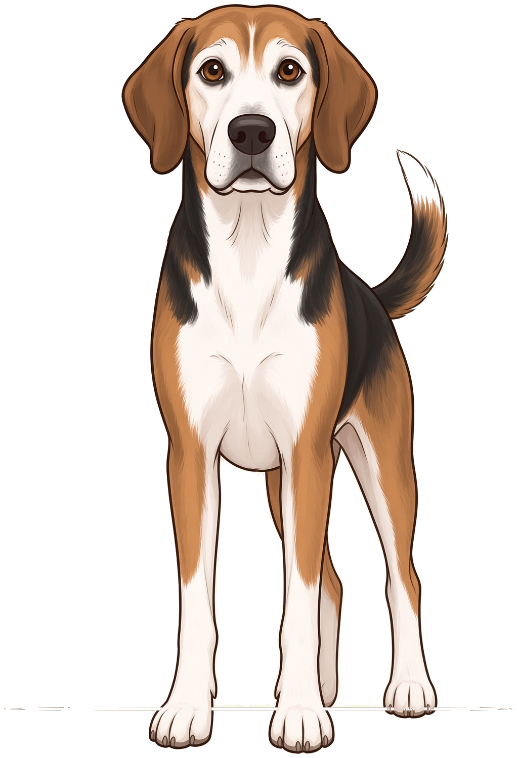 Happy, a cartoon hound with tan ears, a black saddle, and white muzzle and legs